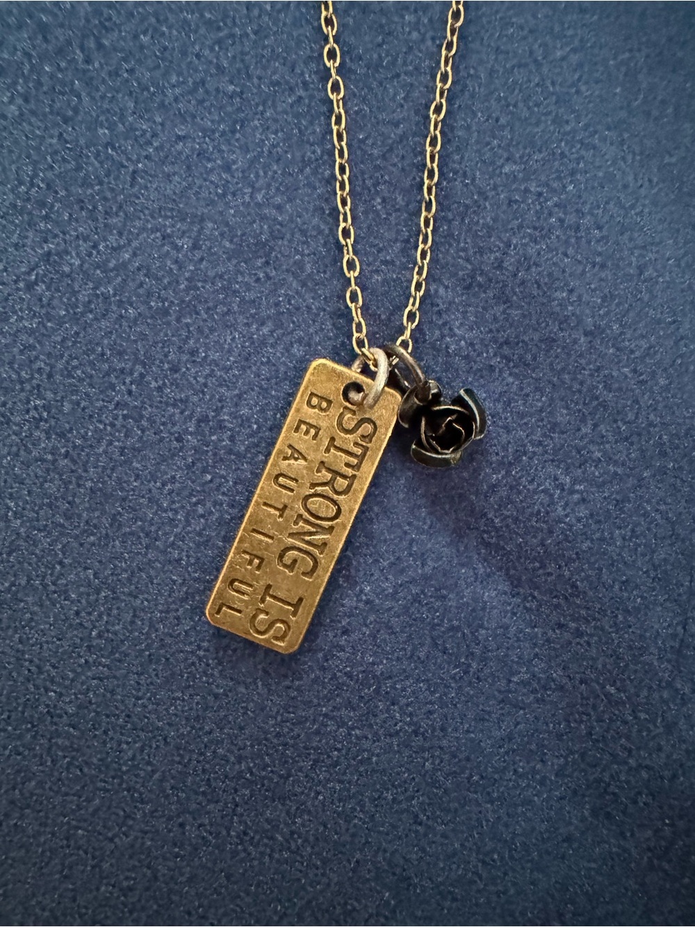 Strong Is Beautiful Inspirational Pendant Necklace Gold w/ Black Rose Charm. Gym